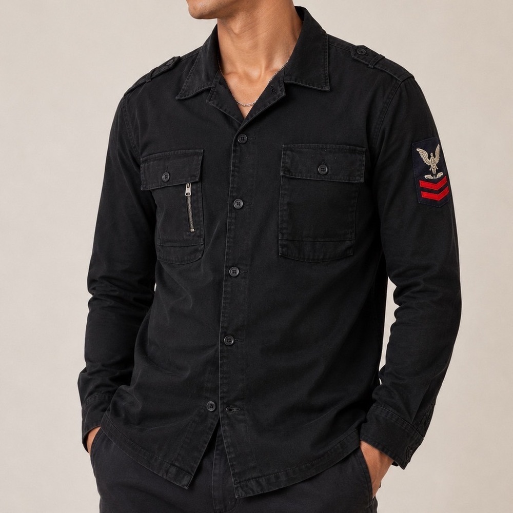 Alternative Apparel Mens 2XL Black Military Utility Shirt Naval Patch Epaulettes